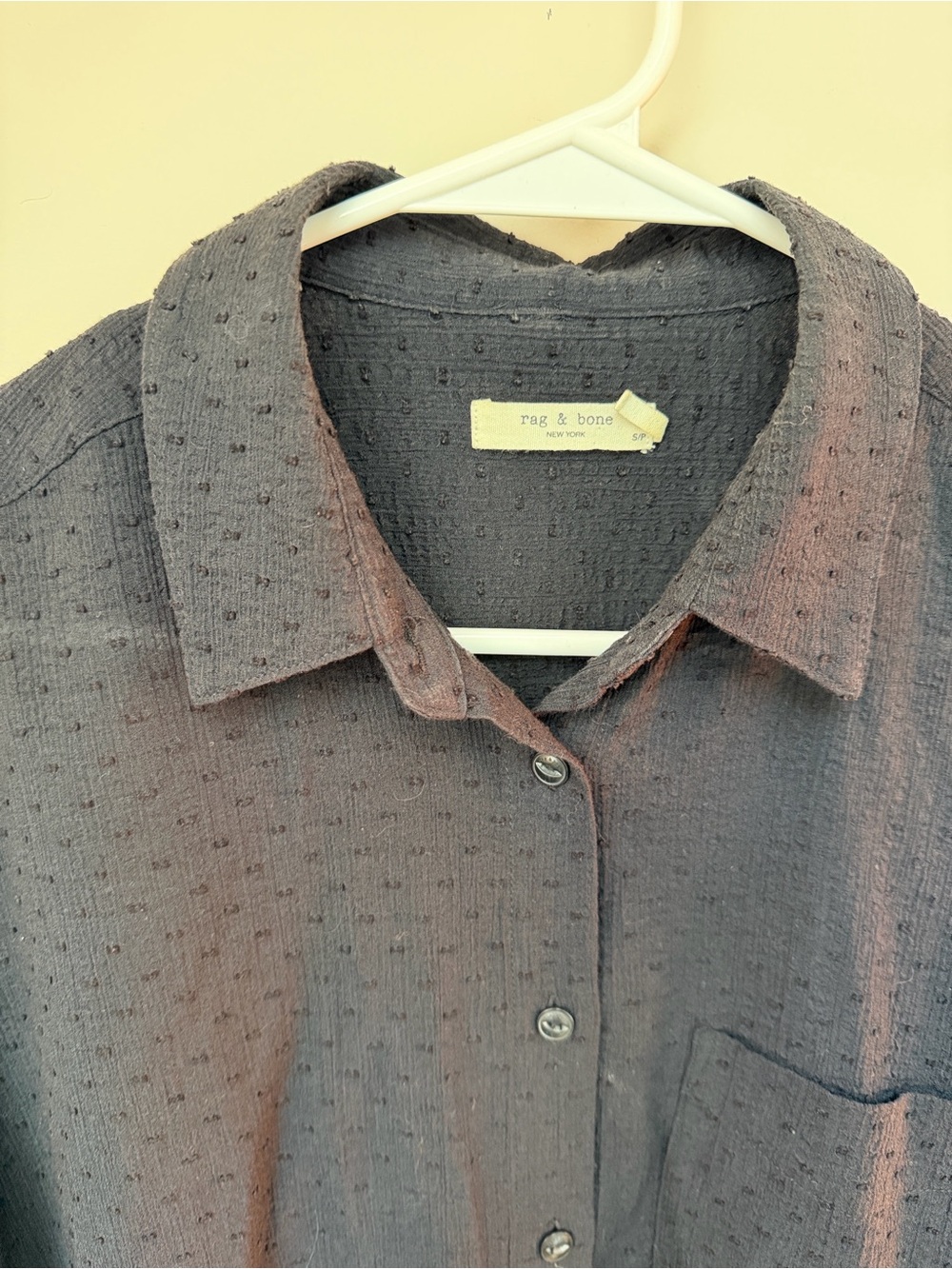 Rag and Bone Black Swiss dot Textured Short Sleeve Button-Down Shirt - Picture 3 of 4
